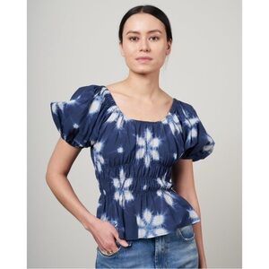 SEA New York Navy Blue White Tie Dye Isla Print Puff Sleeve Top XL Coastal Beach